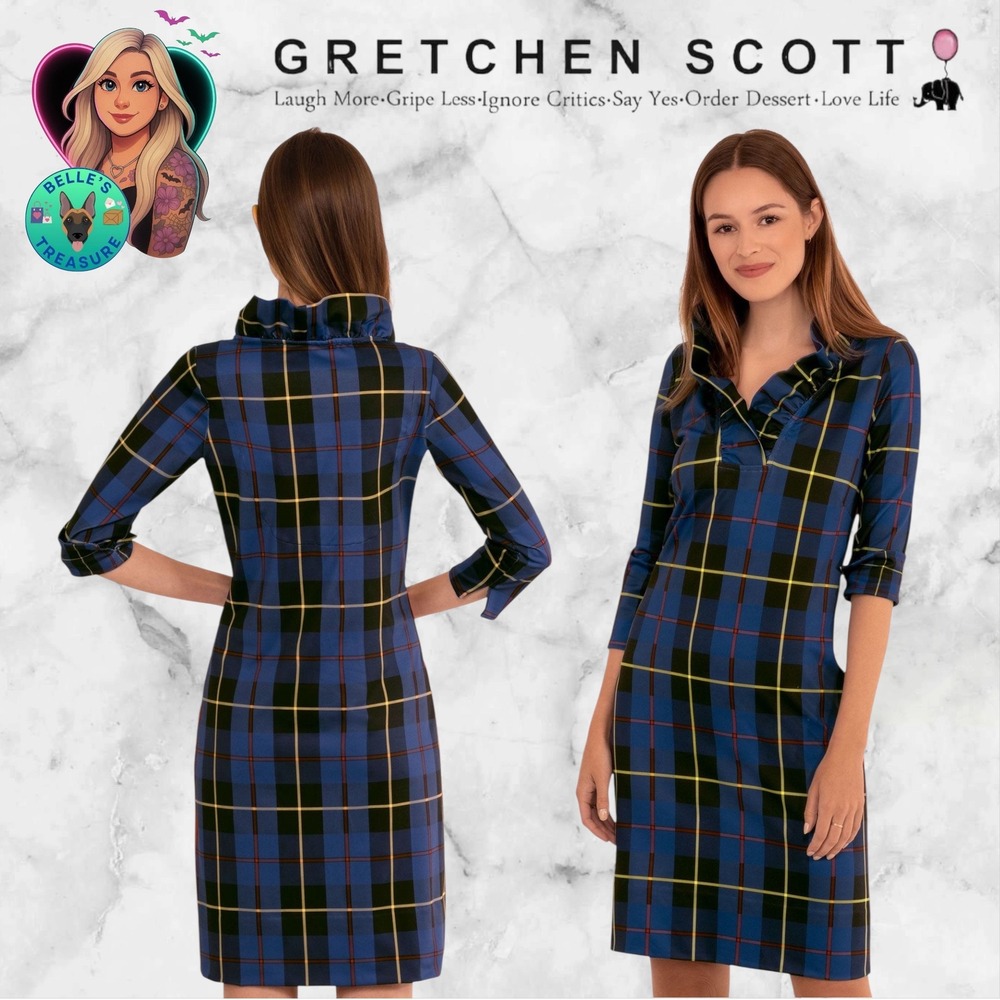 Gretchen Scott Jersey Ruffneck Dress‎ "Plaidly Cooper" navy plaid Women's Medium